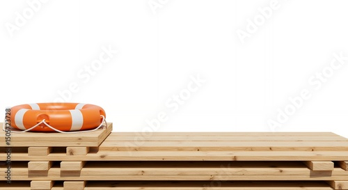 Orange Life Preserver on Stacked Wooden Pallets Safety, Rescue, and Preparedness Concept