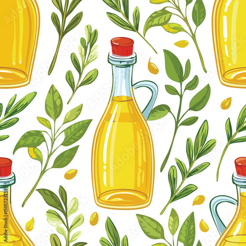 cooking oil bottle Vector Illustration with Seamless Pattern Design