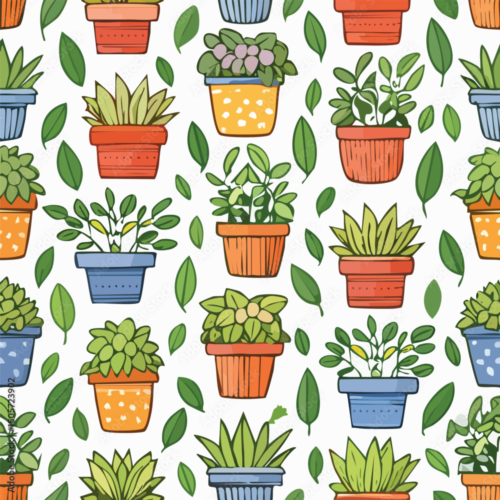 Fototapeta premium Plant pot Vector Illustration with Seamless Pattern Design