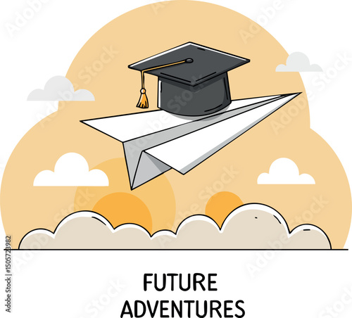 Paper airplane with graduation cap flying over clouds symbolizing future adventures and education success 