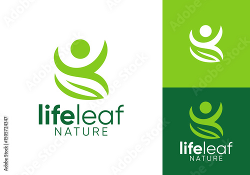 happy people with leaf nature logo vector design concept	
