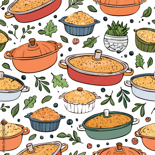 Casserole dish Vector Illustration with Seamless Pattern Design