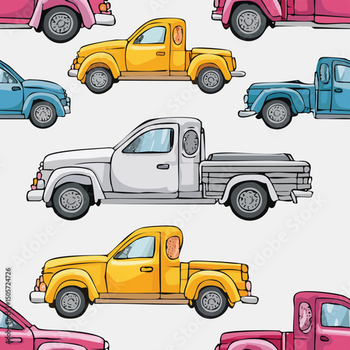 Pickup truck Vector Illustration with Seamless Pattern Design