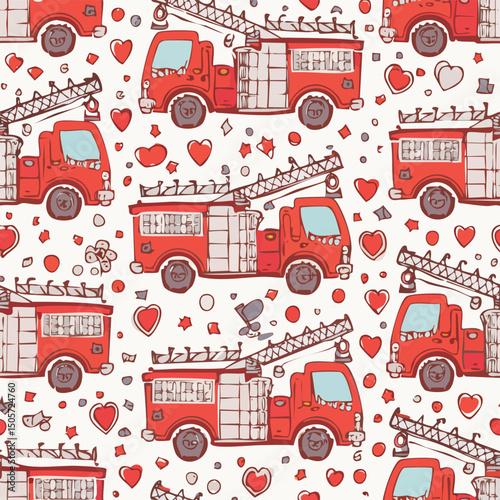 Fire truck Vector Illustration with Seamless Pattern Design