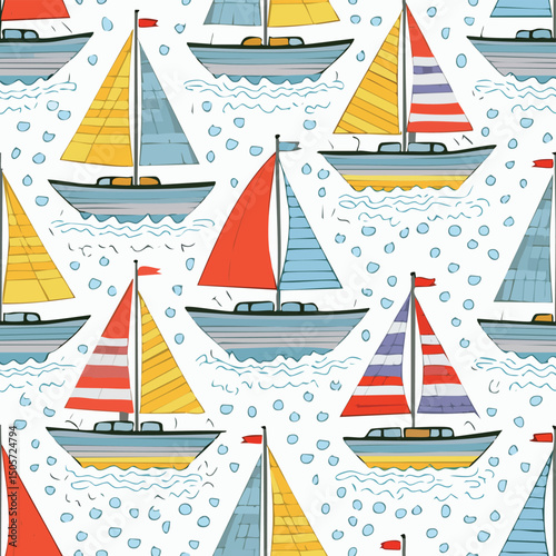 Yacht Vector Illustration with Seamless Pattern Design
