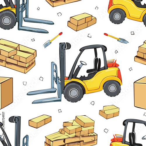 Forklift Vector Illustration with Seamless Pattern Design