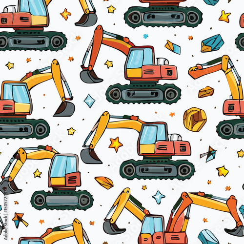 Excavator Vector Illustration with Seamless Pattern Design