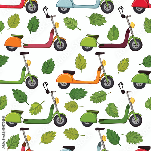 Electric scooter Vector Illustration with Seamless Pattern Design