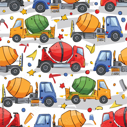 Cement mixer Vector Illustration with Seamless Pattern Design