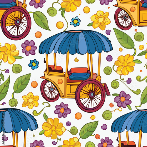 Rickshaw Vector Illustration with Seamless Pattern Design