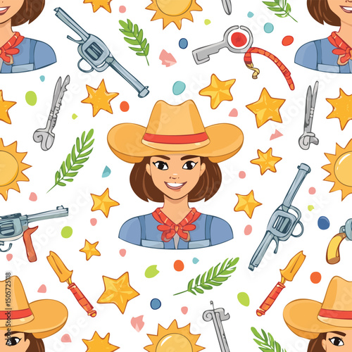 Cowboy Vector Illustration with Seamless Pattern Design