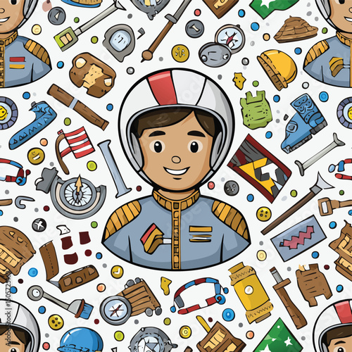 Racing driver Vector Illustration with Seamless Pattern Design