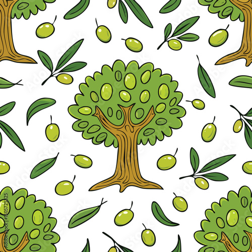 Olive Tree Vector Illustration with Seamless Pattern Design