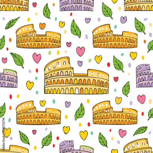 Colosseum, Rome, Italy Vector Illustration with Seamless Pattern Design
