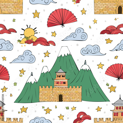 Great Wall of China, Beijing, China Vector Illustration with Seamless Pattern Design