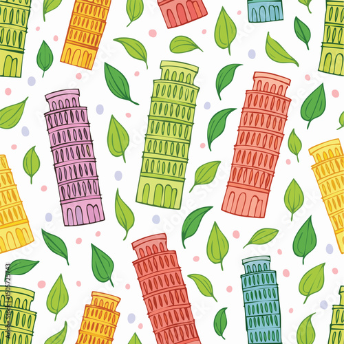 Leaning Tower of Pisa, Pisa, Italy Vector Illustration with Seamless Pattern Design
