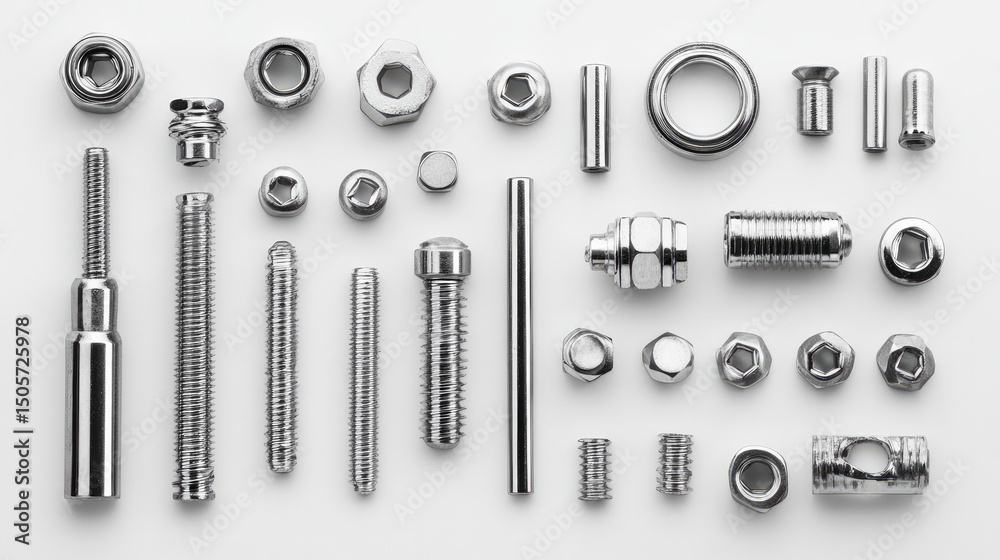 Different tap bolts, screws, and chrome nuts are arranged and isolated on a white background. Different tap bolts, screws, and chrome nuts are arranged and isolated on a white background.