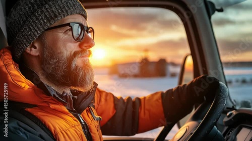 Bearded trucker in sunglasses smiles, driving at sunset in winter