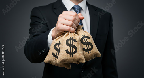 Businessman Holding Money Bags Wealth, Success, and Financial Achievement