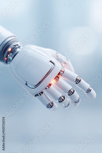 close-up of robotic hand interacting with human hand symbolic of robotics integration in society