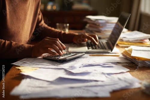 Person calculating finances at organized wooden desk with papers and laptop