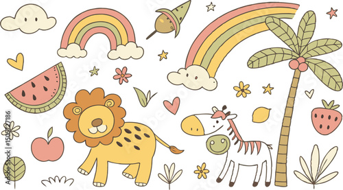 cute hand drawn doodle vector set,a seamless vector doodle illustration in black and white. love, Natural , firework, cloud, weather, rainbow, snow, heart and creative design vector collection.