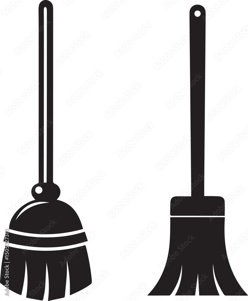 Naklejka premium cleaning broom logo design set, broom vector illustration set, broom silhouette vector isolated on white background