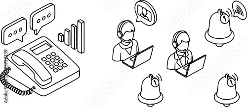 Isometric line icons illustrate aspects of technical support, including a phone with communication elements, a support representative, and notification features.
