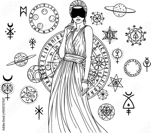 vector set of woman and magic symbols in line art style. Beauty fashion esoteric concepts.
