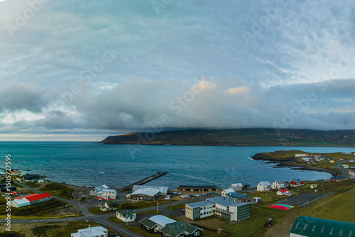 Aerial view of Borgarfjörður Eystri fishing village and coastline, East Iceland...