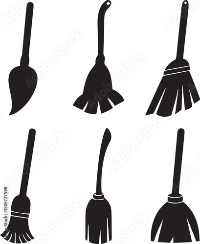 cleaning broom logo design set, broom vector illustration set, broom silhouette vector isolated on white background
