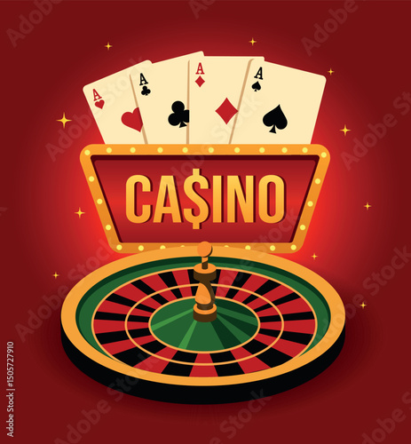 Casino and poker. Vector illustration with casino sign, roulette, four aces on red background. Bright design, atmosphere of excitement, winning, gaming club. Use for casino, online gaming projects