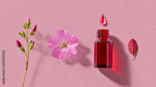 A vibrant red bottle of organic beauty serum sits beside a delicate pink flower and its petals. The arrangement is stylish and perfect for wellness and skincare brands. AI