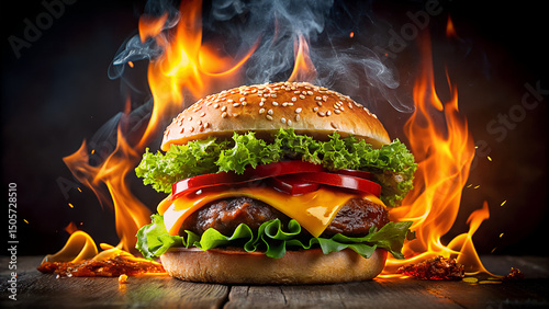 Spicy grilled cheeseburger with lettuce and tomato with fire in background