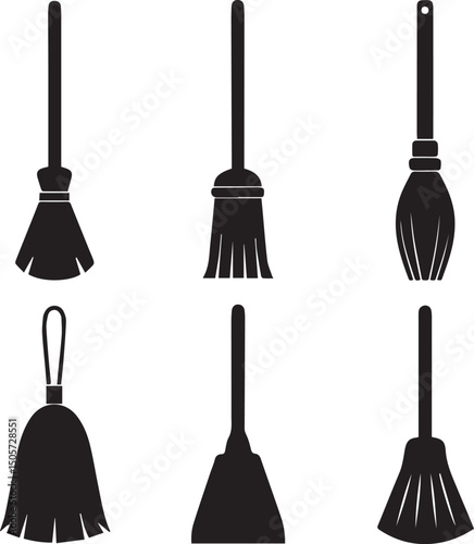 cleaning broom logo design set, broom vector illustration set, broom silhouette vector isolated on white background