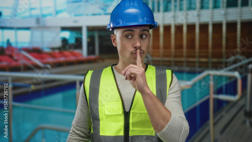 Wallpaper Mural Young man wearing hardhat and reflective vest making shushing gesture on cruise ship surrounded by deck chairs and sea Torontodigital.ca