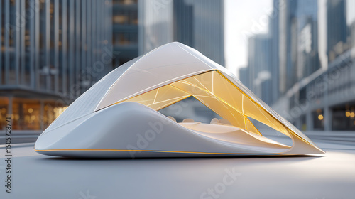 Futuristic vehicle with sleek, aerodynamic design and illuminated interior, set urban environment with modern buildings