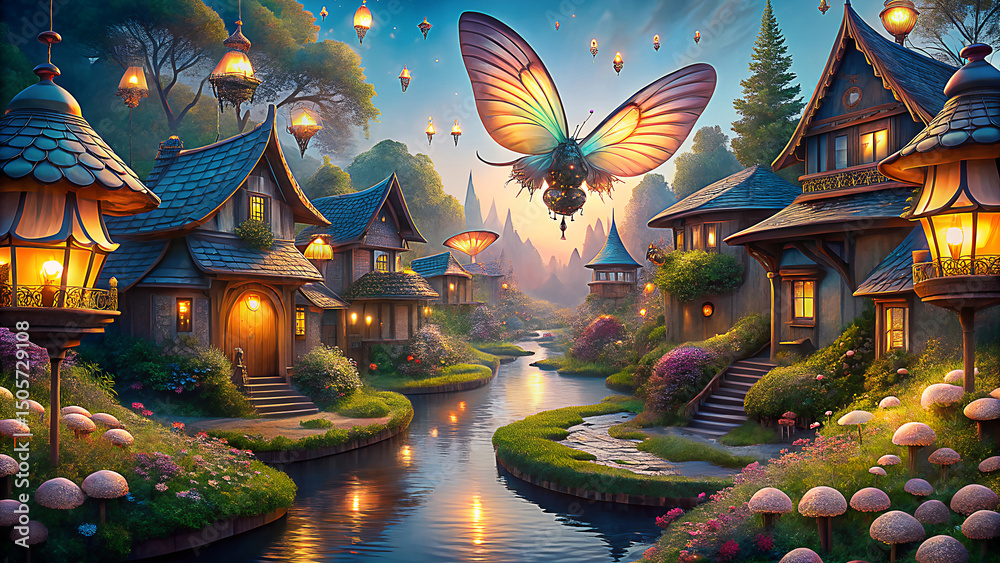 Obraz premium Fantasy Fairy Village with Glowing Lights and Butterflies