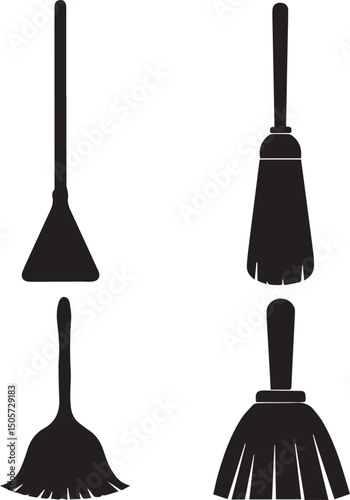 cleaning broom logo design set, broom vector illustration set, broom silhouette vector isolated on white background