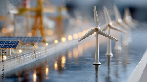 Model of renewable energy sources including wind turbines and solar panels water surface, reflecting sunlight, symbolizing