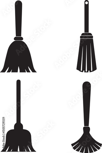 cleaning broom logo design set, broom vector illustration set, broom silhouette vector isolated on white background
