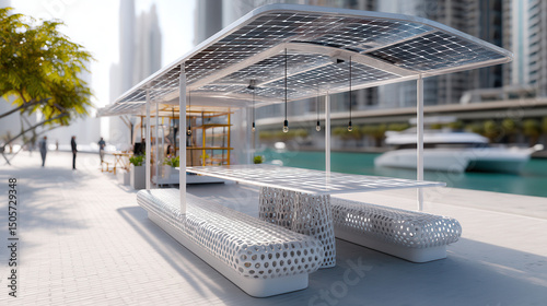 Modern solar powered outdoor seating area with sleek design and solar panel roof, situated near waterfront with city buildings