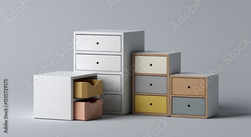 Modern storage units with drawers in various colors