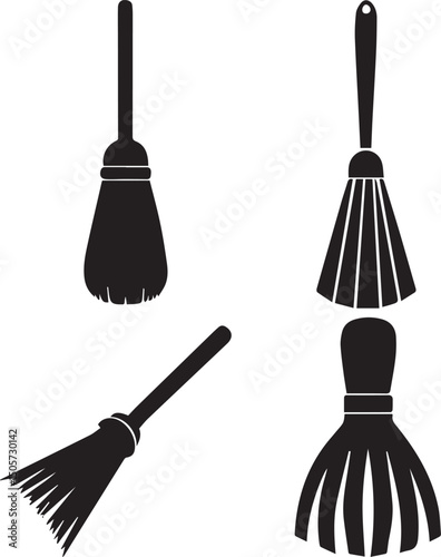 cleaning broom logo design set, broom vector illustration set, broom silhouette vector isolated on white background