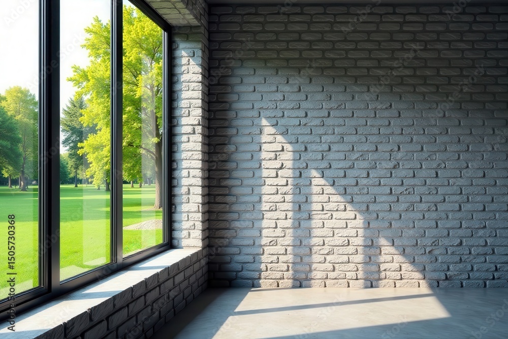 Obraz premium Cold grey brick wall with a large window on the left side, overlooking a serene park , landscape, serene