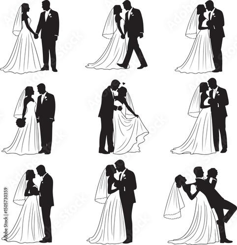 Bride and groom. Bride and groom line art.