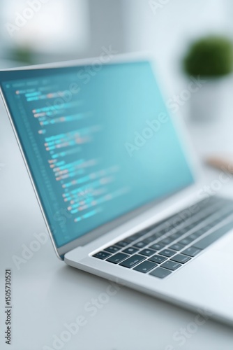 minimalistic laptop on white desk with code snippets on its screen symbolizing big data analytics