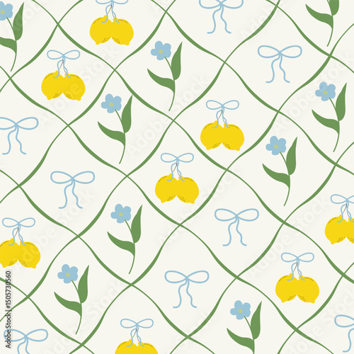 Seamless pattern with hand drawn lemons, blue ribbon bows and delicate spring flowers in a trellis lattice. Cottage core coquette wallpaper. Vintage Italian fruit and floral print. 