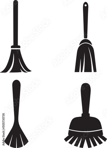 cleaning broom logo design set, broom vector illustration set, broom silhouette vector isolated on white background