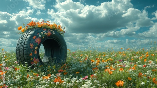 Painted tire adorned with flowers in a field under a cloudy sky